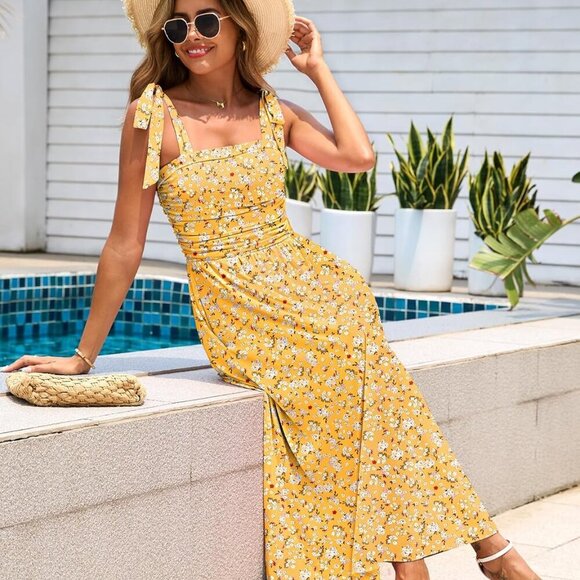 Womens 2025 Summer Spaghetti Strap Floral Maxi Dress with Pockets Smocked Flowy - Picture 4 of 6